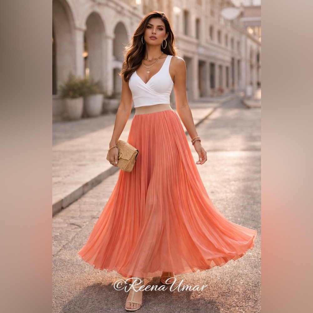 BCBGMaxAzria “Estel” Pleated Maxi Skirt – Coral